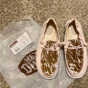 Hey Dude custom Pink Canvas Shoes with Brown & White Cowhide Upper